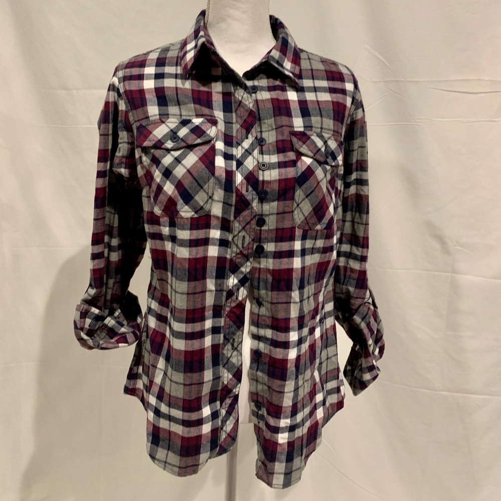 Duluth Flannel Shirt Navy and Maroon/Purple Plaid - Picture 1 of 10